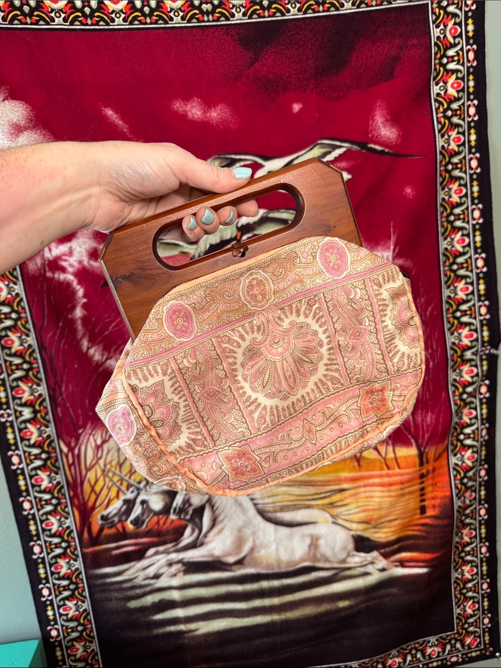 Vintage 60s Pink Paisley Wooden Handle Purse Bag